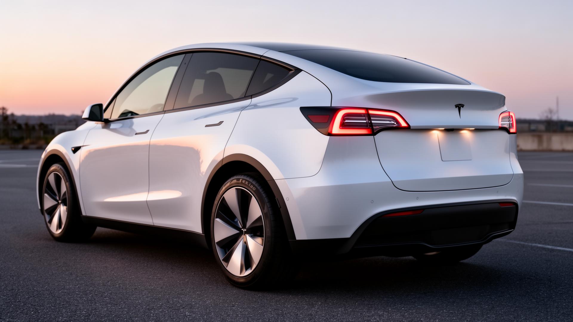 Vue arrière de la Tesla Model Y au crépuscule